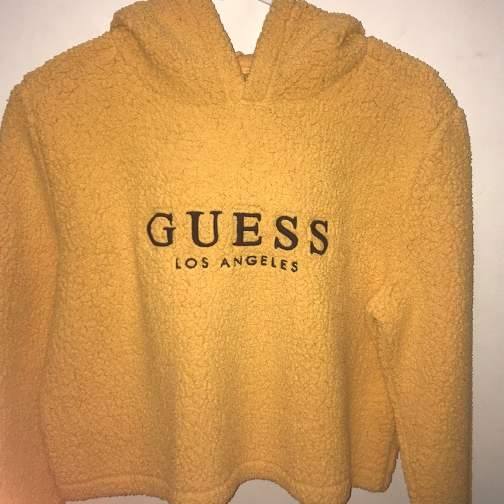 GUESS yellow puffy fleece crop top hoodie